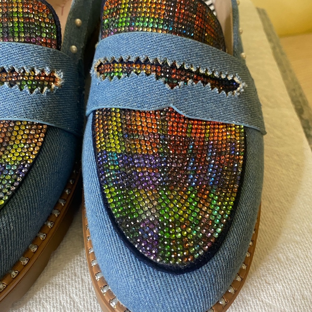 Betsy Johnson’s denim rhinestone, pearls, and studded loafers 9M - Picture 3 of 10